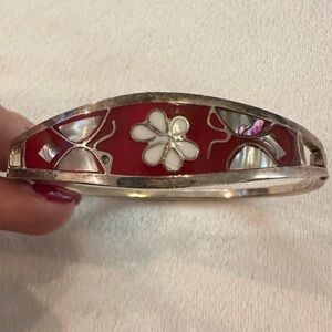 Vtg Silver Tone Mother Pearl Shell Butterfly Flower Inlay Hinge Bangle Bracelet